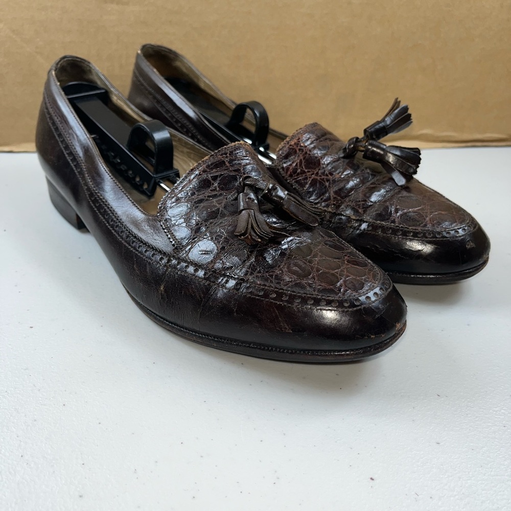 Men’s BALLY  Dark Brown Leather Tassel Kiltie Loafers With Crocodile